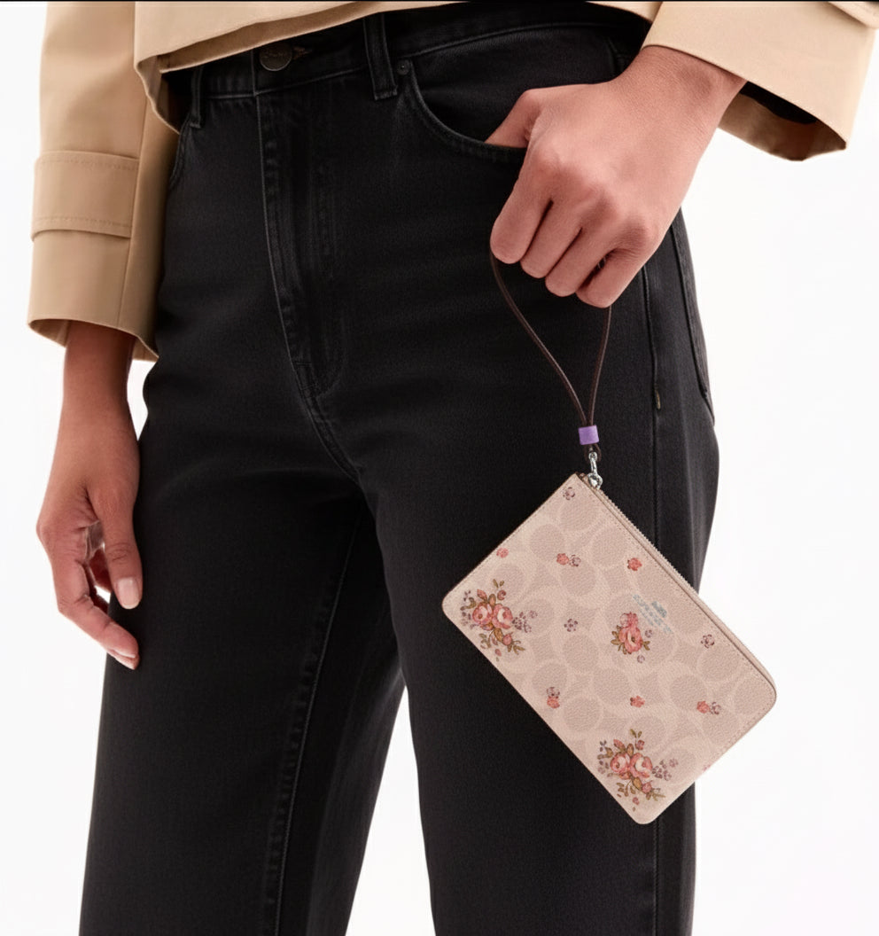 NWT Coach Corner Zip Wristlet In Signature Canvas with Floral Print
